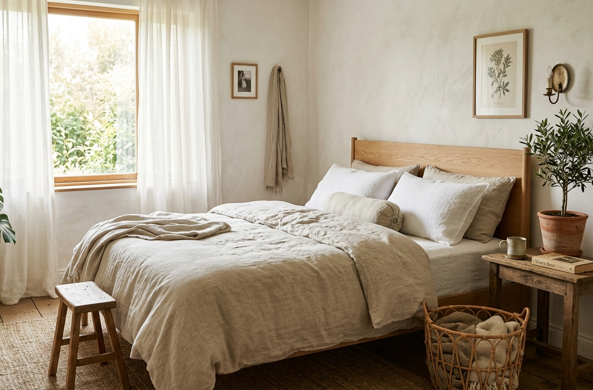 Camera da letto naturale con piante e tessuti organici, atmosfera serena