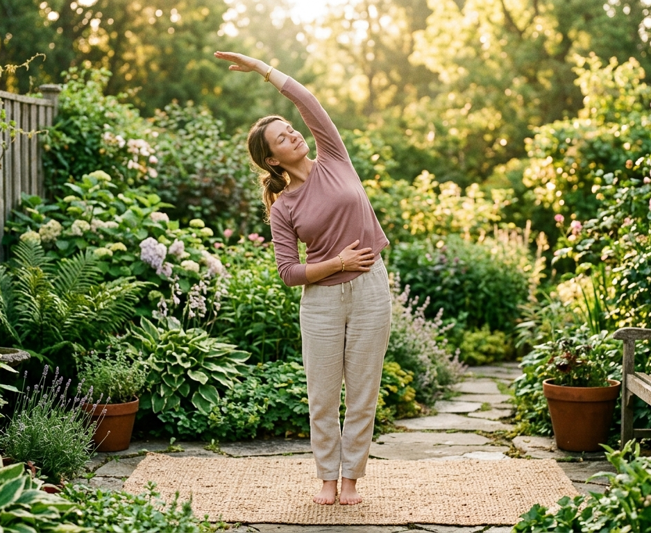 Persona serena che pratica stretching mattutino all'aperto nella natura