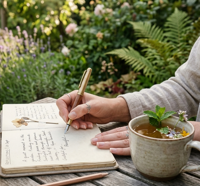 Persona che pratica mindfulness seduta in un giardino naturale, momento di ascolto interiore